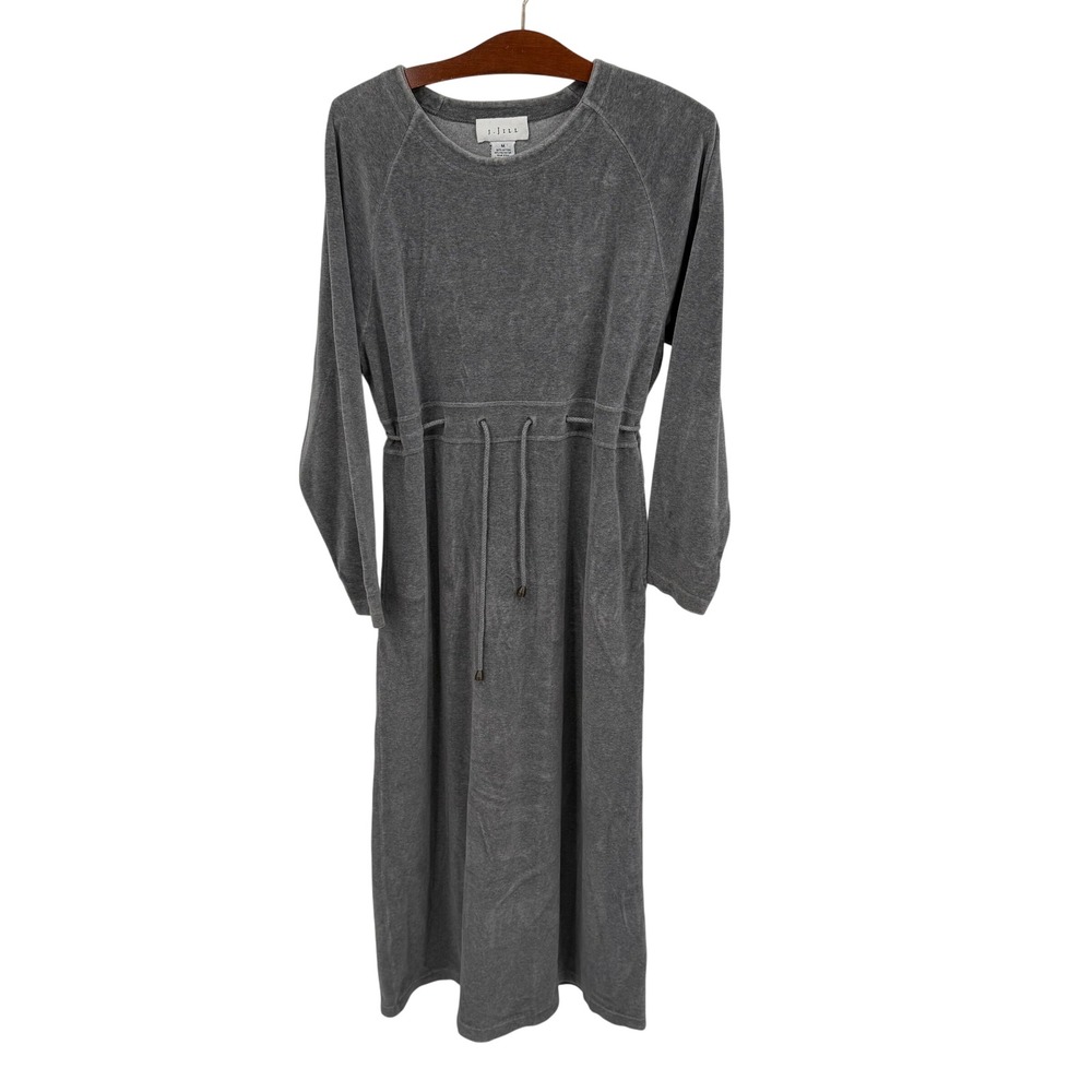 J Jill Women's Size M Midi Dress Gray Velour Drawstring Waist Long Sleeve Casual